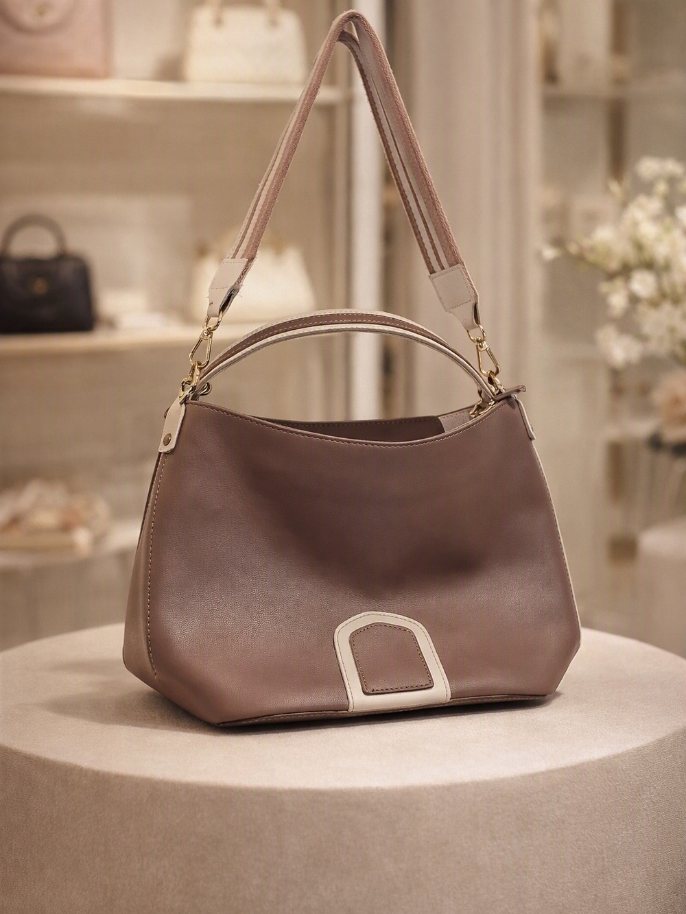 Taupe Leather Hobo Bag with Contrast Trim - Women Bags